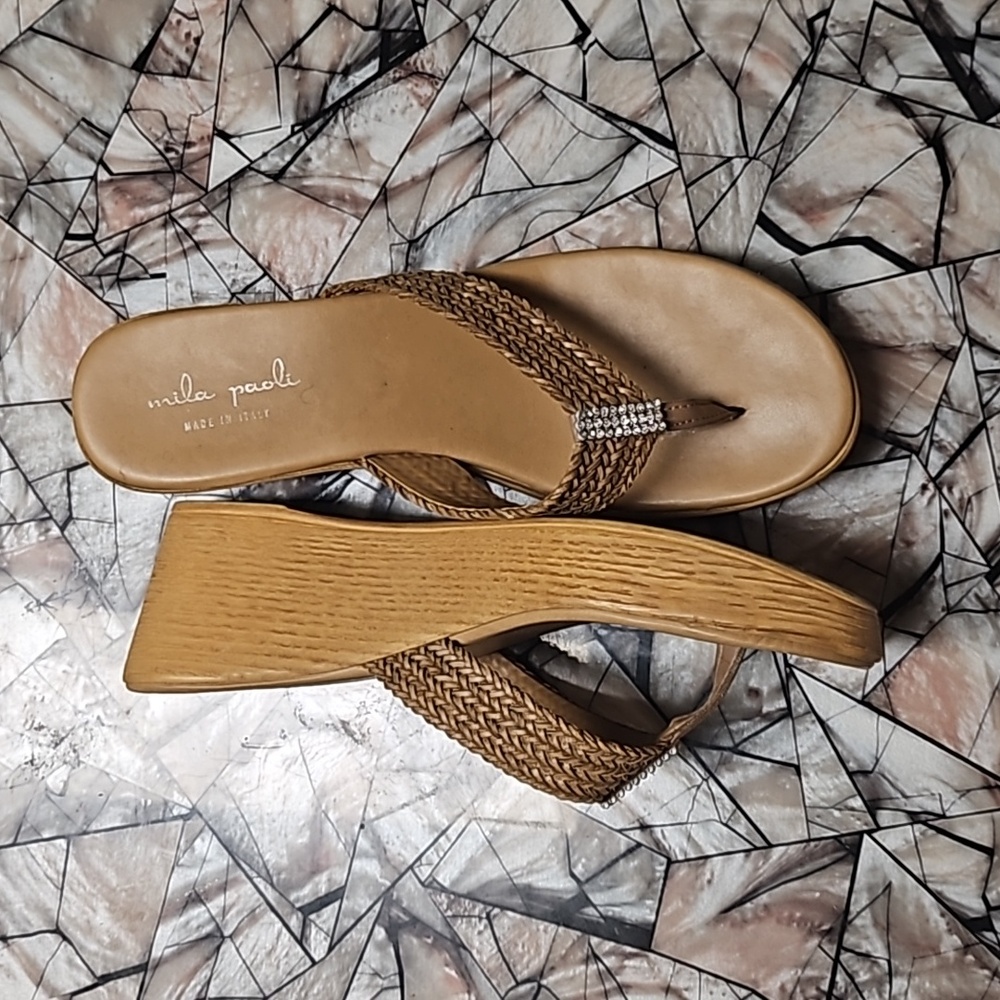 Tan Shimmer Wedge Sandals